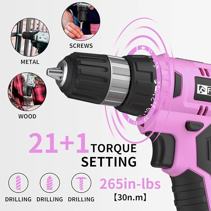 FADAKWALT Cordless Drill Set, 20V Electric Power Drill With Battery And Charger, 30N Torque, 21+1 Settings, 3/8-Inch Keyless Chuck, Driver Bits Kit, LED Light (Pink）