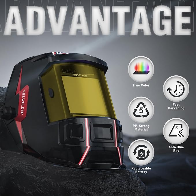 YESWELDER Auto Darkening Welding Helmet, 1/1/1/1 Ture Color 3.93"X3.66" Large Viewing Screen with 4 Arc Sensor Welder Hood Mask, Wide Shade Range 4/5-9/9-13 for TIG MIG ARC CUT and GRIND
