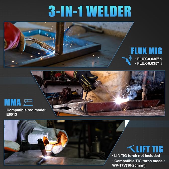 AZZUNO Flux MIG Welder 135A with Auto Darkening Welding Helmet, 110V 3 in 1 Welder Machine with Flux Core Gasless MIG/Lift TIG/Stick Welding Machine, Portable Wire Feed Welder
