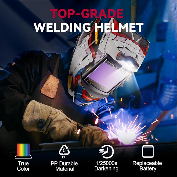 ARCCAPTAIN Large View 3.94" x 3.66" True Color Auto Darkening Welding Helmet with Light, Solar Powered Welding Hood, 4 Arc Sensor Wide Shade 4/5-9/9-13 for Stick MIG TIG Cut,MF