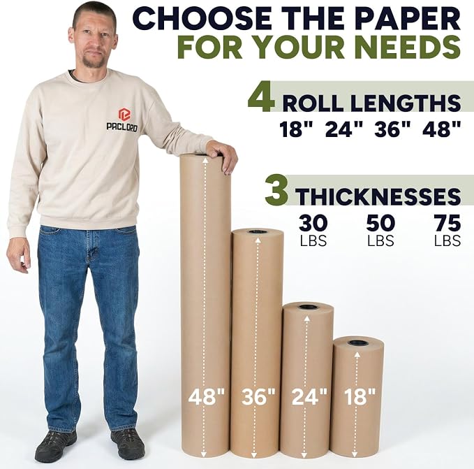 Paclord 18" x 14400" (1200 feet) Natural Brown Kraft Paper Roll, 30 Lb Standard Grade – Made in USA Large Roll of Brown Wrapping Paper, 3-inch Core – for Packaging, Void Filling, Shipping, School | 30 Lb Standard Grade – Made in USA Large Roll of Brown...