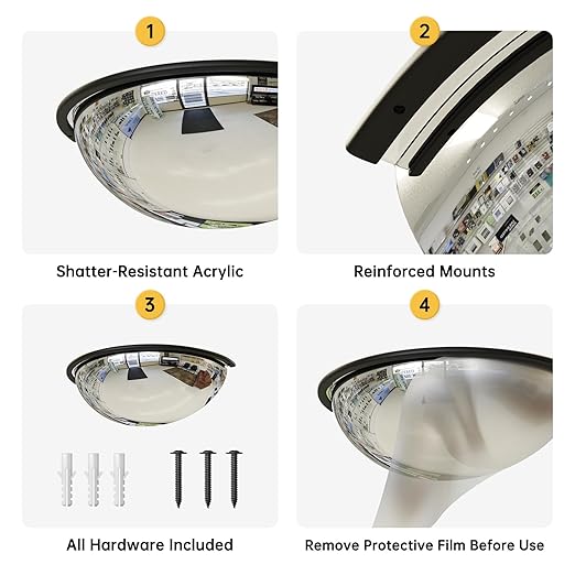 18" Acrylic Half Dome Convex Traffic Safety Mirror – 180 Degree Driveway & Warehouse Blind Spot Security Mirror for Retail Stores, Parking Garages, Schools, and Hospitals (1, 18 Inch)