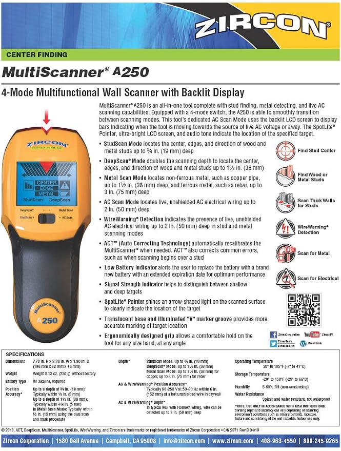 Zircon® MultiScanner™ A250 Stud Finder Wall Scanner, All-in-One Wood and Metal Stud Detector with Live AC Wire Detection, 4 Scan Modes, LCD Display, SpotLite® Pointer and ACT™ Technology