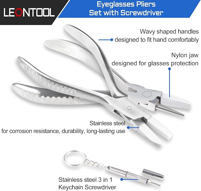 Round & Nylon Jaw Eyeglasses Frame Pliers Bundle with 6 Inches Optical Trident Pliers Professional Eyeglasses Adjusting Frame Pliers, Eyeglass Repair Kit with Eyeglass Repair Screwdriver
