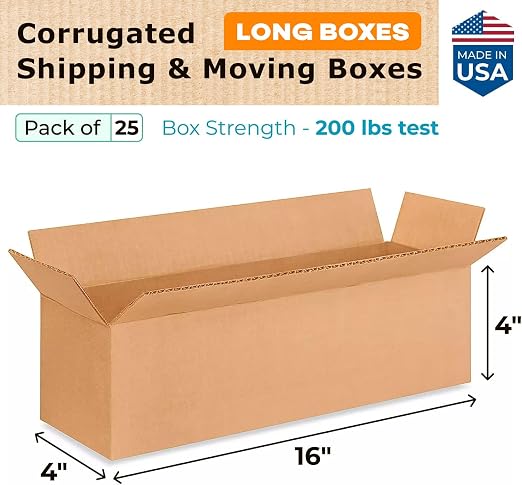 Long Moving & Shipping Boxes 16"L x 4"W x 4"H (25-Pack) - Extra Strength 200 lb vs Regular - USA-Made Corrugated Shipping Boxes for USPS&UPS&FEDEX - Packing Box for Moving by IDL Packaging