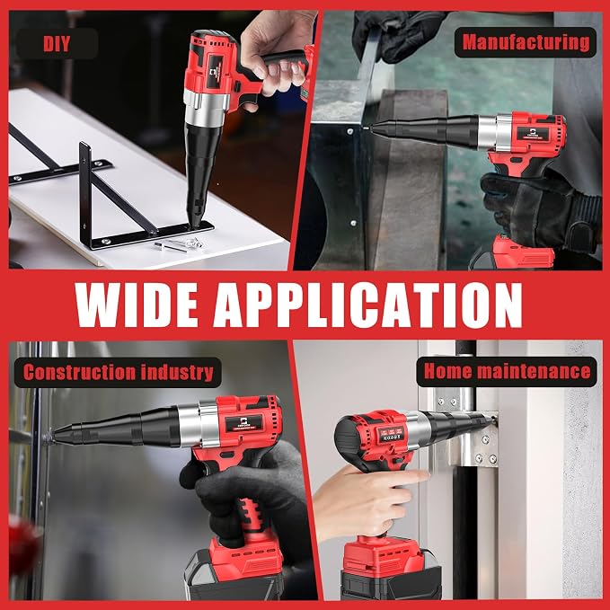 Cerycose Cordless Rivet Gun Kit Compatible with Milwaukee 18V Brushless Electric Riveters Gun Tool with 3-Size Steel Rivets(1/8"-5/32"-3/16") LED Light & Nose Piece (Tool Only)