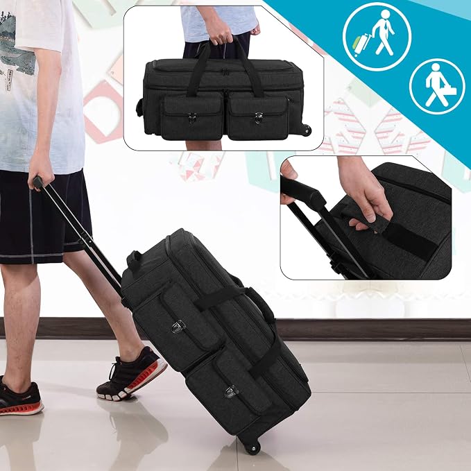 YARWO Rolling Craft Bag with Wheels Compatible for Cricut Explore 5/4/3, Maker 4/3, Cameo 5/4, Double Layers Die-cutting Machine Case with Multi Pockets for Craft Tool, Accessories and Supplies, Black