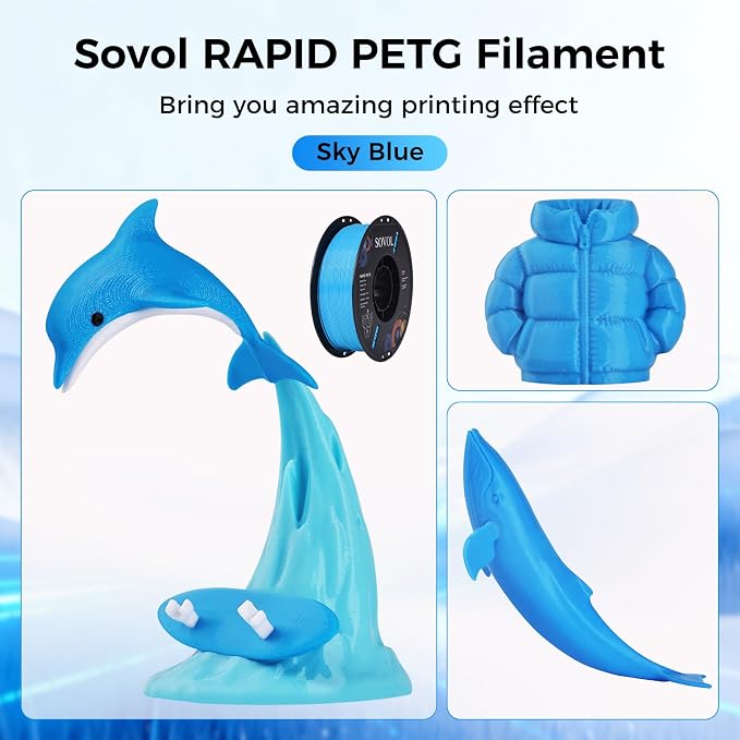 Sovol 3D Printer Rapid PETG Filament 1.75mm 1KG (2.2lbs), High Precision, Strong Toughness, Wiring Tightness, Dimensional Accuracy +/- 0.03 mm, 3D Printing High Speed PETG Filaments, Sky Blue