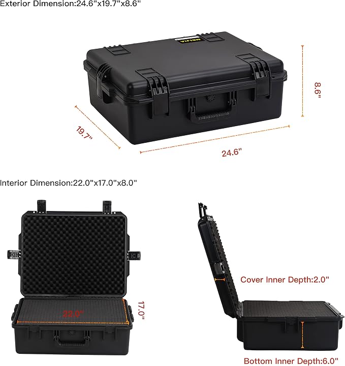 MEIJIA Premium Large Waterproof Hard Camera Case,Hard Protective Case with customizable fit foam,Full Protection with Light&Convenient Design,Elegant Black (24.6"X19.7"X8.6")