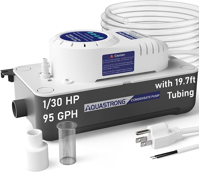 Aquastrong HVAC Condensate Pump, 115V/230V, Automatic Safety Switch, AC Condensate Removal for Air Conditioner, Furnace, Dehumidifier, 3.3' Power Cord, Light Gray