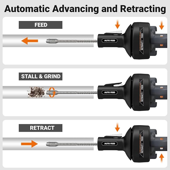 Electric Drain Auger 25ft Cordless Drain Cleaner machine auto feed plumbing snake for kitchen sink, showers, toilet et. 3/4-2" Pipe drain clog (Upgraded)