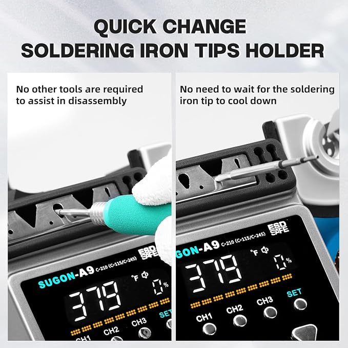SUGON A9 210/245/115 Precision Soldering Stations, 120W Digital Soldering Iron Kit, with 210/245/115 Soldering Iron Tips and 3 Helping Hands, 212℉-842℉, ℃/℉, 3 Temperature Storage, Sleep mode