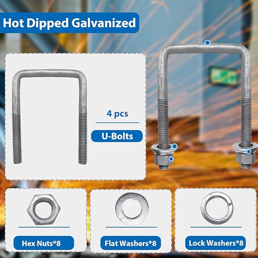 4 Pcs Hot Dipped Galvanized Square U-Bolts,1/2" D x 3 1/16" W x 4 5/16" L,3 inch Wide Boat Trailer U-Bolts with Washers and Nuts for Boat Trailer,Automobiles,Industrial,Heavy Duty U Bolt