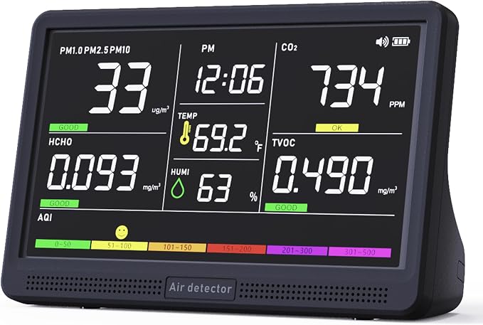 Professional Indoor Air Quality Monitor with 7X AQI Beep Alarms,16 in 1 Portable Real-Time Detector for PM2.5 | PM10 | CO2 | TVOC | HCHO | Temp | Hum for Home Cars Plants Pets (Aerolite Black)