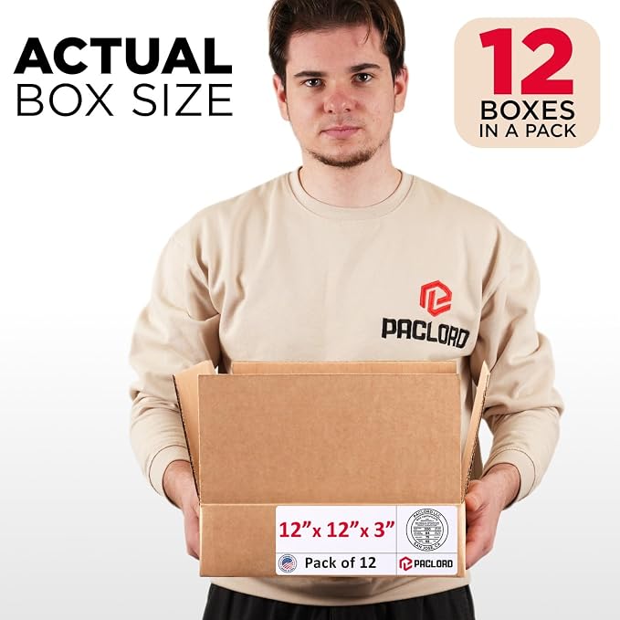 Flat Cardboard Boxes 12"L x 12"W x 3"H (Pack of 12) - USA-Made Packing Boxes for Moving, Shipping, or Storage - USPS, UPS, FedEx Approved - Professional Packing Supplies for Moving | USA-Made Packing Boxes for Moving, Shipping, or Storage - USPS, UPS, ...