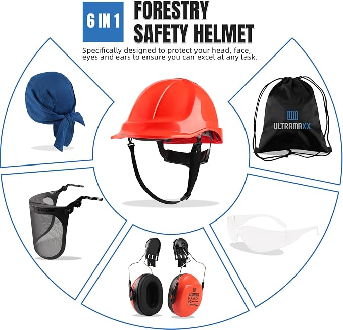 UM ULTRAMAXX 6-in-1 Chainsaw Helmet with Mesh Face Shield and Hearing Protection Ear Muffs, Forestry Safety Hard Hat Kits, ANSI Z89.1 Approved Certified Arborist Helmet, Orange
