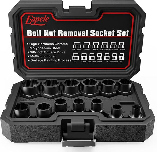 Eapele 13pcs Bolt Extractor Set, Stripped Nut Remover Twist Sockets, Fit 3/8" Square Drive with Solid Storage Case, Stripped Bolt Extractor (13pcs, Black)