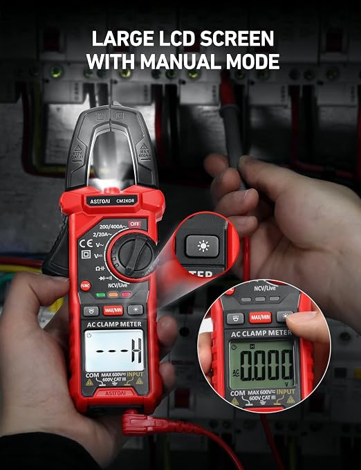 AstroAI Digital Clamp Meter Multimeter 2000 Counts Amp Voltage Tester Auto-ranging with AC/DC Voltage, AC Current, Resistance, Capacitance, Continuity, Live Wire Test, NCV, Black
