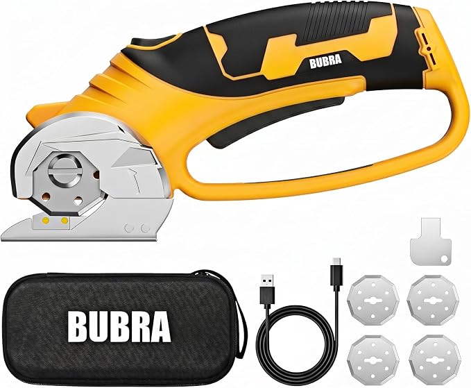 Cordless Electric Scissors 4V Rechargeable Cardboard Cutter with 4 SK5 Blades, 2000mAh Battery, LED Light, Electric Box Cutter 1/3” Cutting Capacity Power Cutter for Fabric Carpet Leather - Yellow