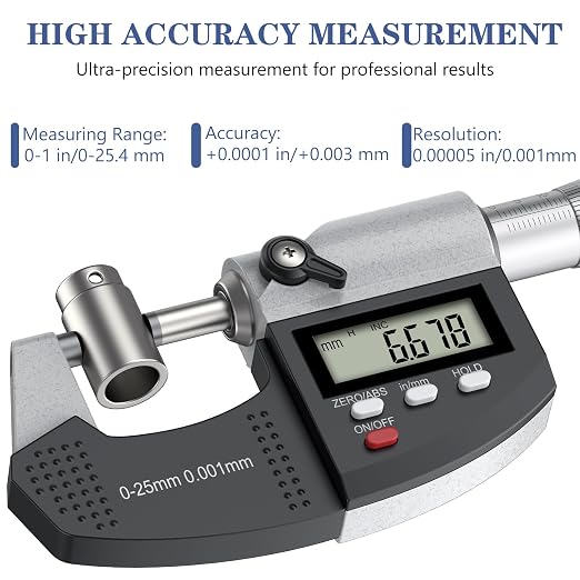 HDLKNAK Dual-Mode Micrometer, Digital Outside Micrometer Precision Measuring Tool, 0-1"/0-25 mm, Inch/Metric 0.00005"/0.001 mm, Machinist Thickness Gauge Tool, Large LCD Display with Protective Case.