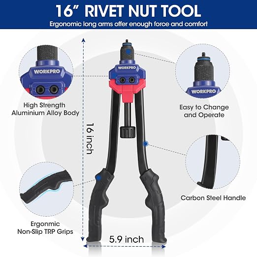 WORKPRO 16" Rivet Nut Tool Kit with Carrying Case | 11 Metric and SAE Mandrels, 185pcs Rivnuts Assortment Kit, Ideal for Sheet Metal & Automotive Work