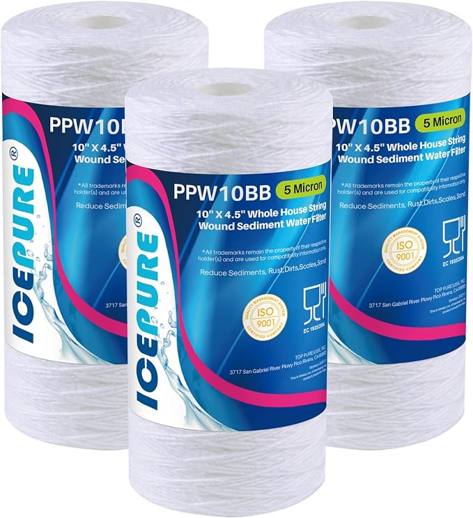 ICEPURE 5 Micron 10”*4.5'' Whole House Sediment String Wound Water Filter Replacement filter for 84637, WPX5BB97P, PC10, 355214-45, 355215-45, WP10BB97P, WP5BB97P, 3PACK
