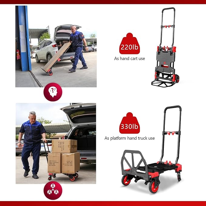 2-in-1 Hand Truck Dolly, 330LB Heavy Duty Carrying Portable Handtruck, Folding Hand Dolly with 4 Wheels&Retractable Handle for Moving, Luggage, Shopping, Office