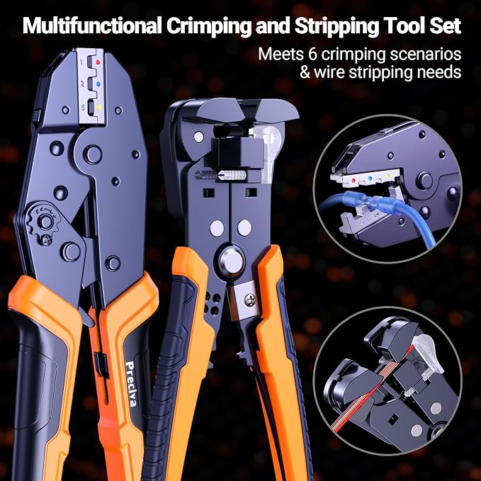 Preciva Crimping Tool Kit with 6PCS Crimping Die, Wire Stripper, 285PCS Terminals, for Heat Shrink, Insulated, Open Barrel, Ferrule, Circlip & Solar Connectors