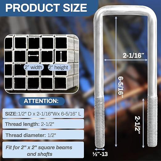 4 Pcs Hot Dipped Galvanized Square U-Bolts,2 inch Wide, (1/2" D x 2 1/16" W x 6 5/16" L) Boat Trailer U-Bolts with Washers and Nuts for Boat Trailer,Automobiles,Industrial,Heavy Duty U Bolt