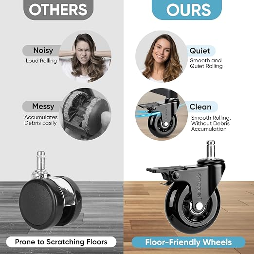 TICONN Office Chair Caster Wheels Set of 5 for Tile, Hardwood Floors and Carpets, Universal Fit for Most Chairs (Black with Brake)