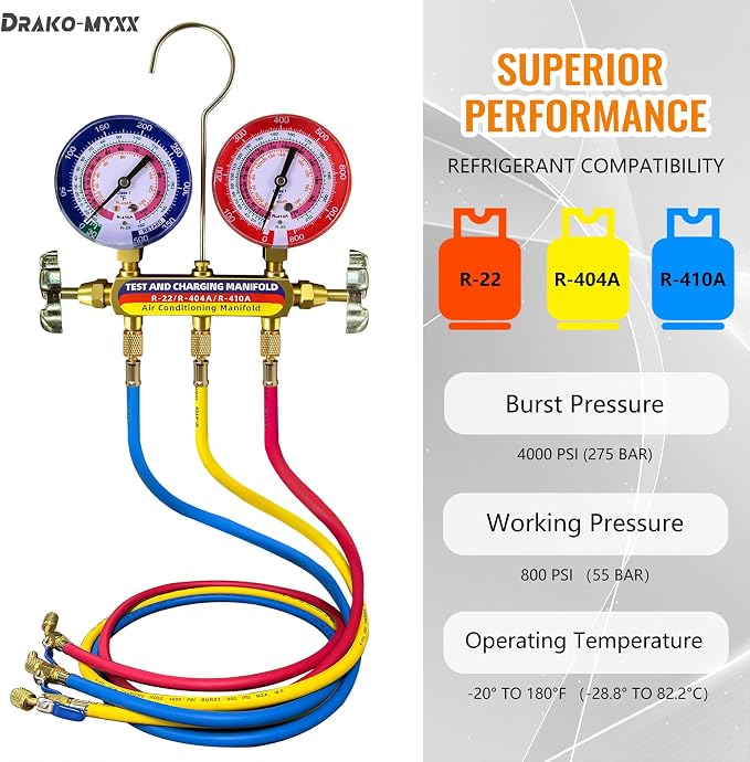 Upgrade 42201 Test & Charging Manifold with 3-1/8" (80 mm) Gauges,60" Refrigerant Hose with Compact Ball Valve,1/4" Standard Flare Fitting,2-Valve,HVAC Manifold for R-22/404A/410A,Yellow/Red/Blue