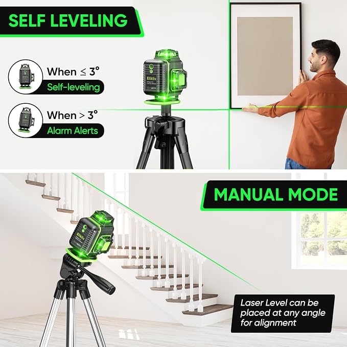 Laser Level 360 Self Leveling with Tripod, Elikliv 4D Laser Level, 165Ft Green Laser Level Lines Tool, 4x360° Cross Line Laser for Construction, Picture Hanging, Floor Tile, Renovation(green)