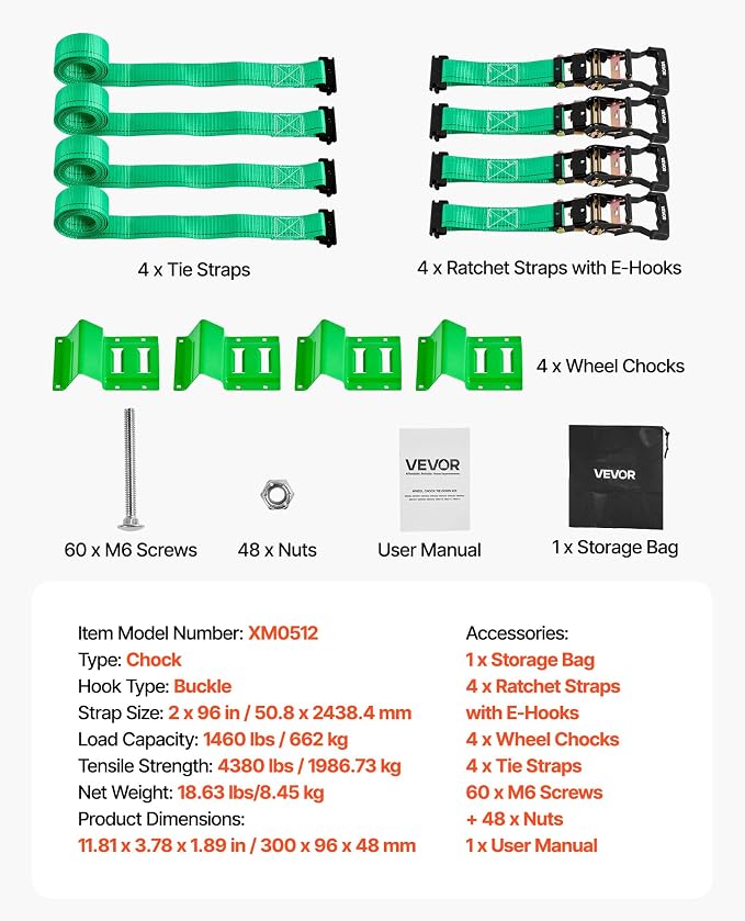 VEVOR Wheel Chock Tie-Down Kit, Chock-Style Trailer Strap, Car Kit with Buckle, Break Strength 4380 lbs & Working Load 1460 lbs Motorcycle Tie-Down System E-Hooks for ATVs, UTVs