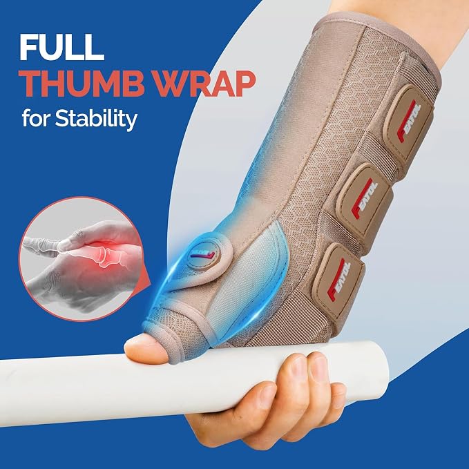 FEATOL Carpal Tunnel Wrist Brace Night Support, Thumb Spica Splint Right Hand for De Quervains Tenosynovitis, Tendonitis, Thumb Brace for Women Men, Beige, Medium/Large