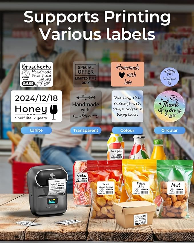 Phomemo Label Printer M110- Upgraded Barcode Label Maker Machine Sticker Printer for Small Business, Address, Office, Home for Phone; for PC/Mac(USB), with 100 Labels- Gray
