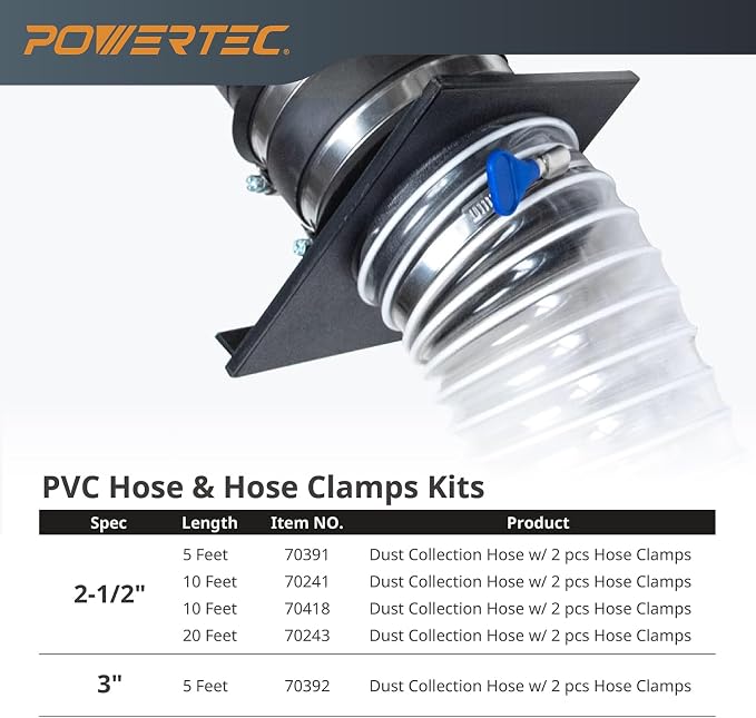 POWERTEC 5" x 5' PVC Flexible Dust Collection Hose with 2pcs Stainless Steel Key Hose Clamps for Woodworking and Garage, Wood Shop Dust Collection System, Planer, Cyclone Dust Separator (70394)