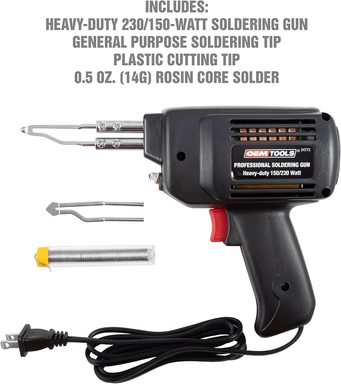 OEMTOOLS 24773 Professional Soldering Gun Kit with Case, Includes 2 Soldering Gun Tips and Rosin Core Solder, Automotive and Electronic Soldering Kit