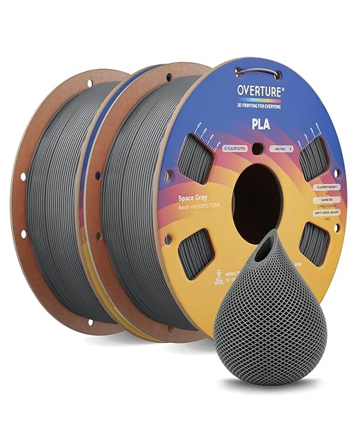 OVERTURE 2KG Bundle High Speed PLA Filament 1.75mm, Neatly Wound 3D Printer Filament 2 Pack 1kg Spool (2.2lbs) Rapid PLA, Fit Most FDM 3D Printers (Space Grey 2-Pack)