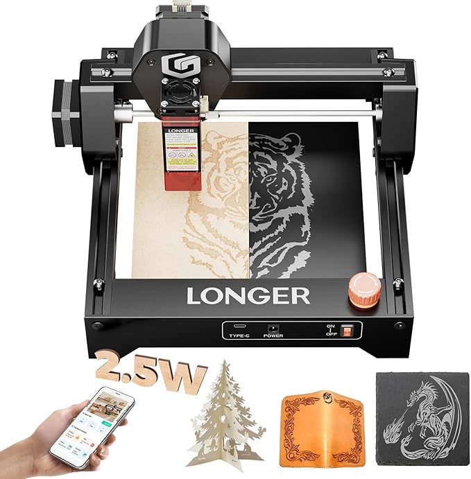 LONGER Ray5 Mini Laser Engraver, 2.5W Portable Laser Engraving & Cutter, 0.04mm Ultra Precision for Wood, Acrylic, Leather, DIY & Beginner Friendly, 140x130mm Work Area, WiFi Compatible