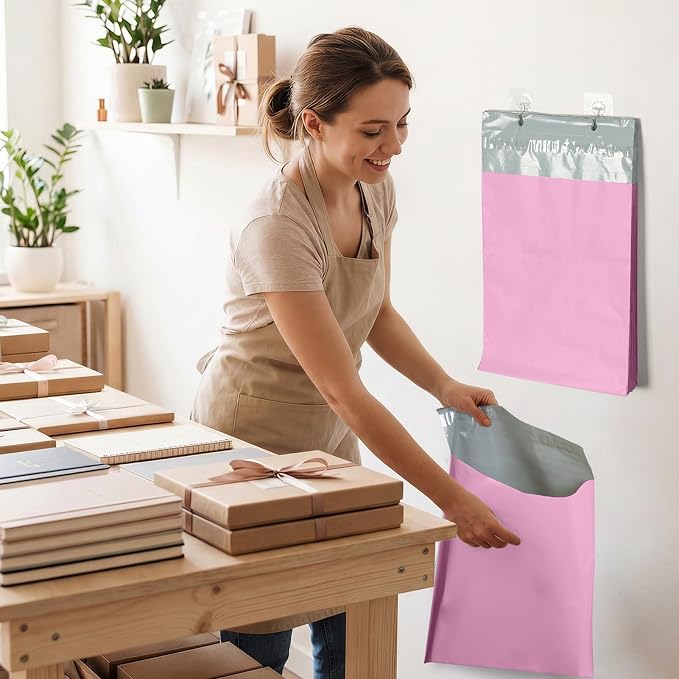 Fuxury Poly Mailers 12x15.5" 300PC Pink Shipping Bags for Clothing with Easy-Open Tear Strip & Easy-Store Hanging Holes, Strong Self-Seal Waterproof Shipping Envelopes Mailing Bags for Small Business