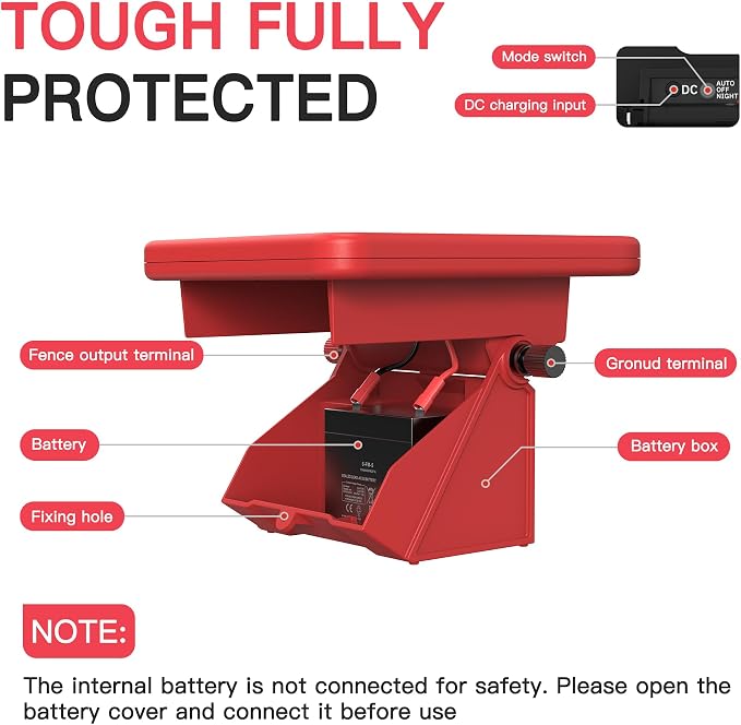 10 Mile Solar Fence Charger 0.11J Electric Fence Energizer with Day Night Mode 24-Hour Protection Red