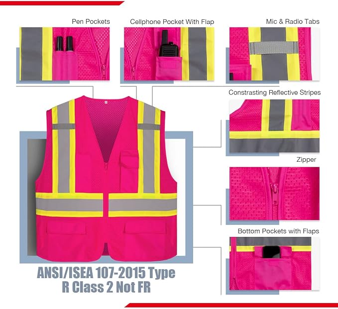 KAYGO Reflective High Vis Safety Vest with Pockets for Men and Women KG0100 | Breathable Polyester Lightweight, Two-Tone, ANSI Class 2, for Construction, Warehouse, Surveying, Cycling, Machine Washable