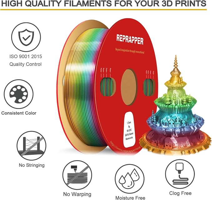 RepRapper Macaron Rainbow PLA Filament, Shiny Multicolor Silk PLA 1.75 mm Filament (+-0.03 mm), Sparkle Fast Change Multi-color1 kg 3D Printer Filament for 3D Printer