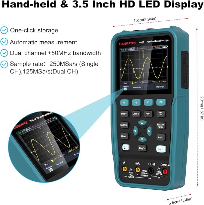 HANMATEK Handheld Digital Oscilloscope 50Mhz Bandwidth with 2 Channels HO52 3.5" TFT Mini Oscilloscope, 2 in 1 Oscilloscope and Multimeter, Backlit Screen, Auto-Calibration Function, Memory Function