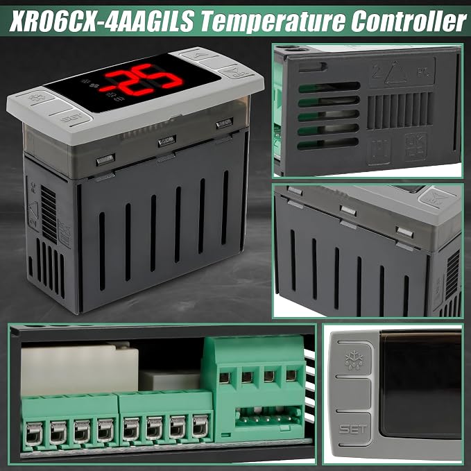 32-bit Enhanced XR06CX-4AAGILS Temperature Controller, Replaces Dixell XR06CX for 110-125V 50-60Hz Commercial Fridges/Freezers, Programmable Digital Thermostat, Voltage Protection & Reset, Red Screen