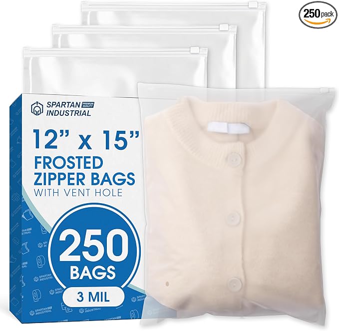 Spartan Industrial - 12” X 15” (250 Count) 3 Mil Frosted Reclosable Zip Plastic Bags with Resealable Lock Seal Zipper and Vent Hole | For Packaging Clothes, Shirts & More