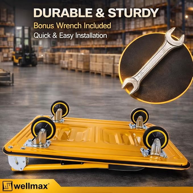 Push Cart Dolly by Wellmax, Moving Platform Hand Truck, Foldable for Easy Storage and 360 Degree Swivel Wheels with 330lb Weight Capacity, Yellow Color