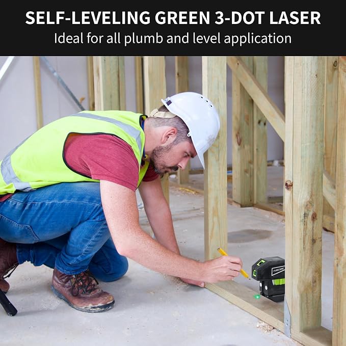 Firecore 3 Spot Laser Level, Green Beam Self-Leveling Laser Plumb Bob with Magnetic Base, 131-Foot Range, 2 AA Batteries and Carry Pouch Included - F301G