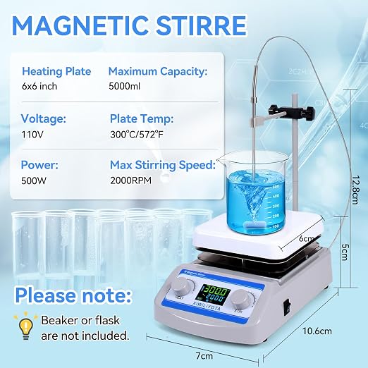 6 inch Magnetic Stirrer Hot Plate with Temp Probe Holder - Ceramic Coated Lab Stirrers, 300°C (572°F), 2000 RPM, Max 5L Capacity, 110V 500W, LED Digital Display, Includes Stir Bar & Fuse