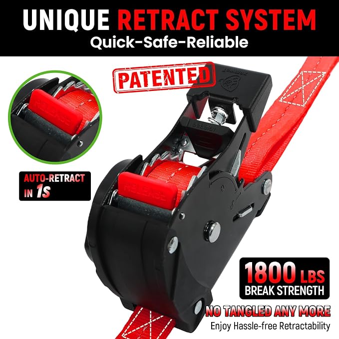 Retractable Ratchet Straps (Patented-4pack) - 1 inch x 10Feet (1,800lb Break Strength) Auto Self Retracting Tie Down Straps - Self Retractable Straps with Refletcive for Motorcyle, Truck or Cargo